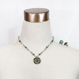 Vintage Gold/Teal Necklace & Screw Earrings Set